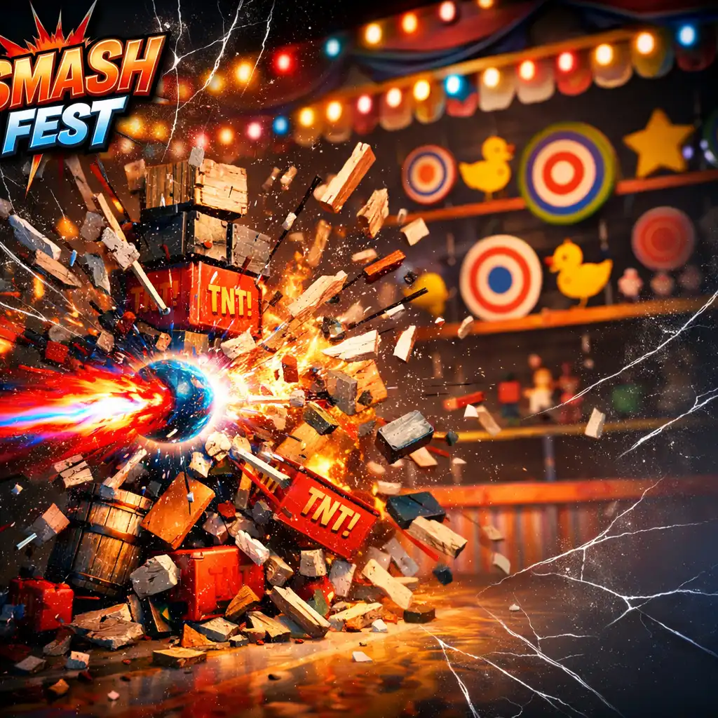 Ilustrace destrukční výzvy ve hře Smash Fest s řadou objektů připravených k rozbití a trajektorií střely