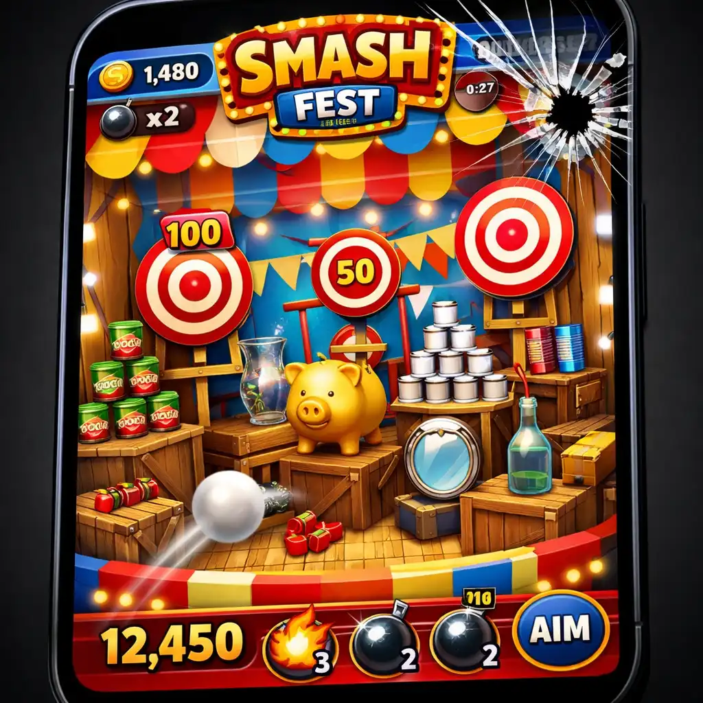 Screenshot z mobilní hry Smash Fest zobrazující herní obrazovku s terči a objekty k rozbití